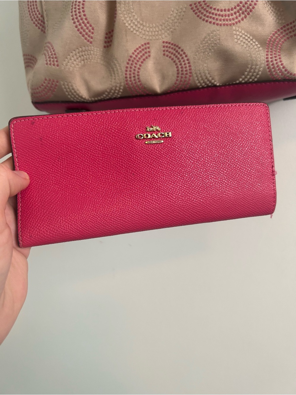 Coach Ashley dotted Op Art sateen satchel in khaki and hot pink with wallet - Picture 14 of 17